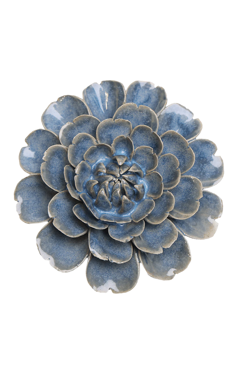 A ceramic succulent flower dish with layered petals in a textured blue and gray glaze, photographed on a solid white background.