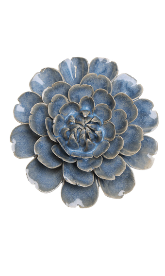 A ceramic succulent flower dish with layered petals in a textured blue and gray glaze, photographed on a solid white background.