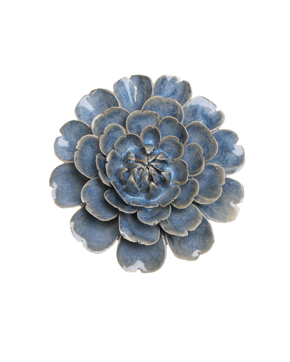 A ceramic succulent flower dish with layered petals in a textured blue and gray glaze, photographed on a solid white background.