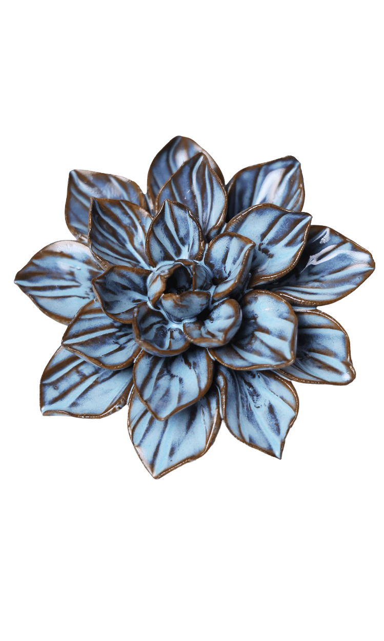 A decorative succulent-style flower sculpture with layered blue-gray leaves outlined in metallic gold, shown on a plain white background.