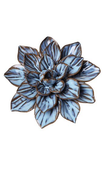 A decorative succulent-style flower sculpture with layered blue-gray leaves outlined in metallic gold, shown on a plain white background.
