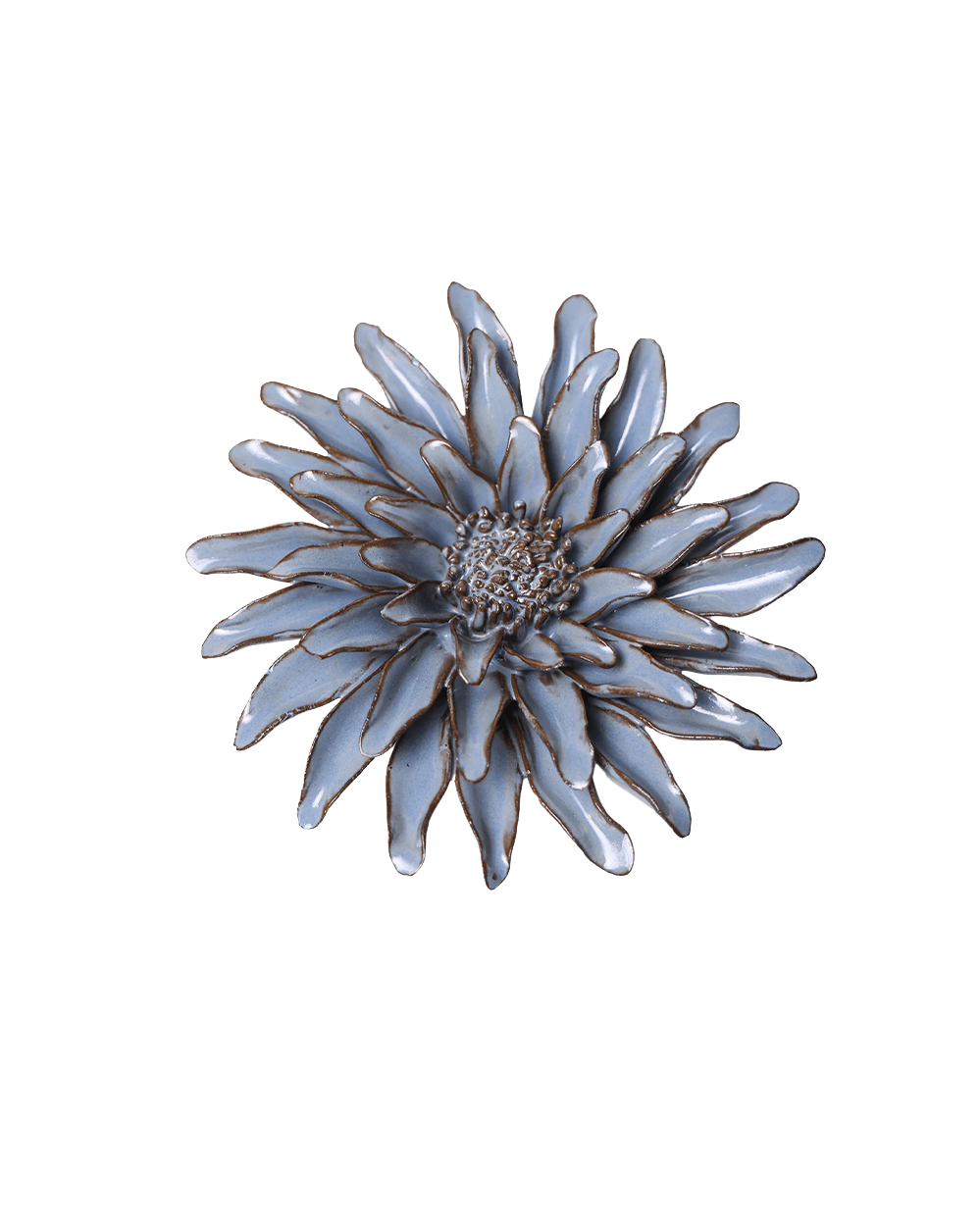 A single flower-shaped brooch with pale blue-gray petals outlined in gold, centered on a plain white background.