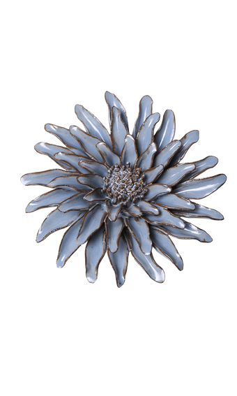 A single flower-shaped brooch with pale blue-gray petals outlined in gold, centered on a plain white background.