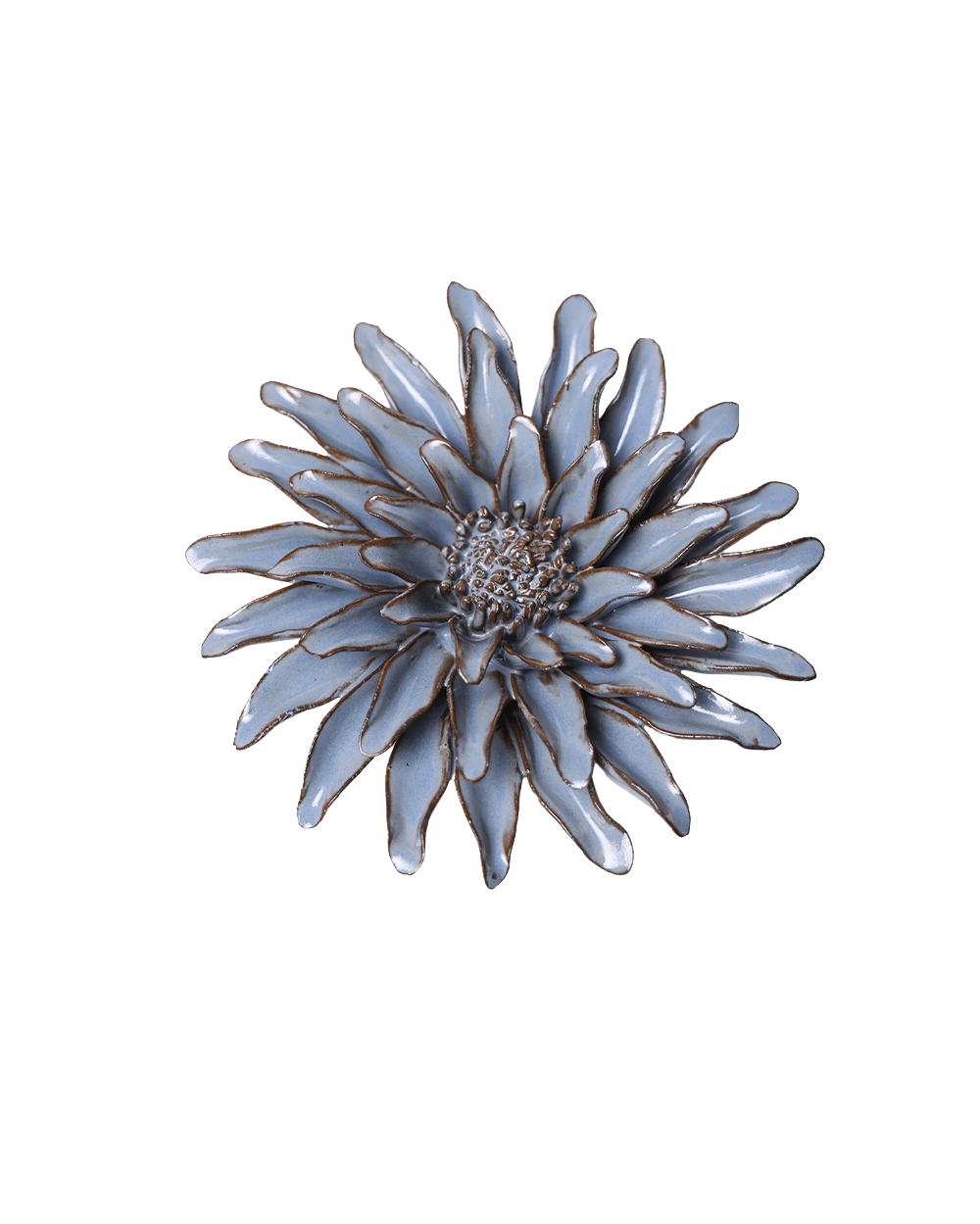 A single flower-shaped brooch with pale blue-gray petals outlined in gold, centered on a plain white background.