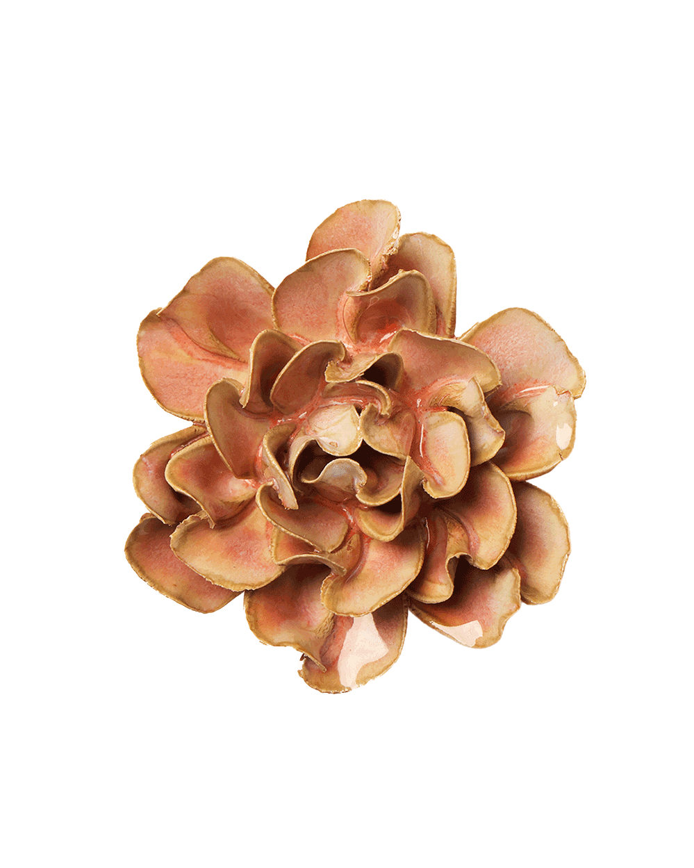 A single artificial flower bloom with layered ruffled petals in warm peach, tan, and light brown tones, isolated on a plain white background.