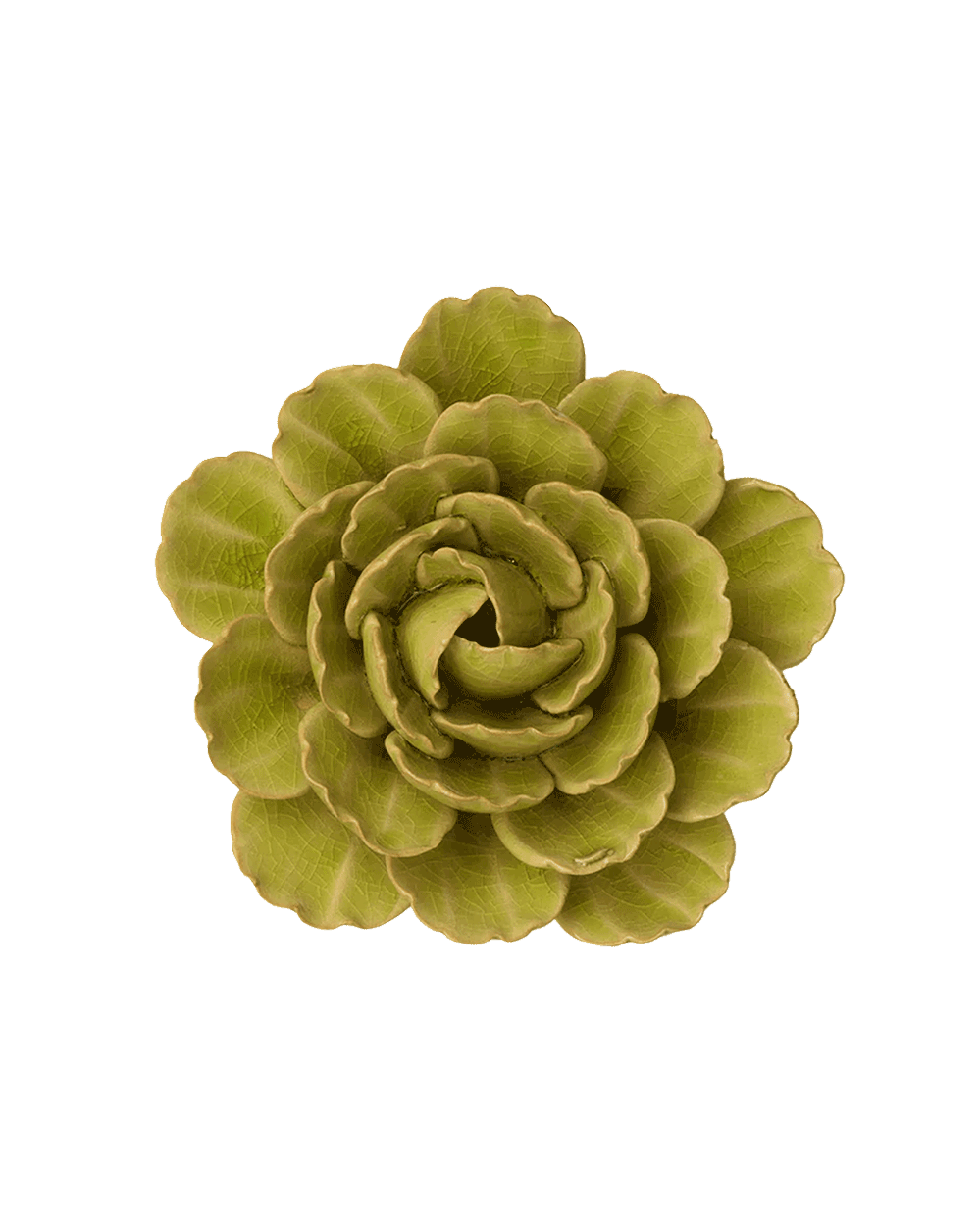 An olive green succulent-style decorative flower with layered ruffled petals, shown from a top-down view on a plain white background.