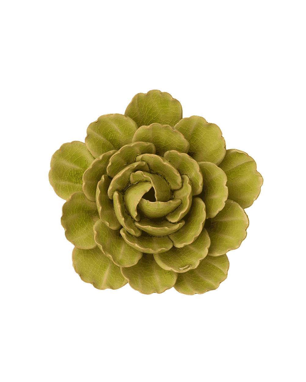 An olive green succulent-style decorative flower with layered ruffled petals, shown from a top-down view on a plain white background.