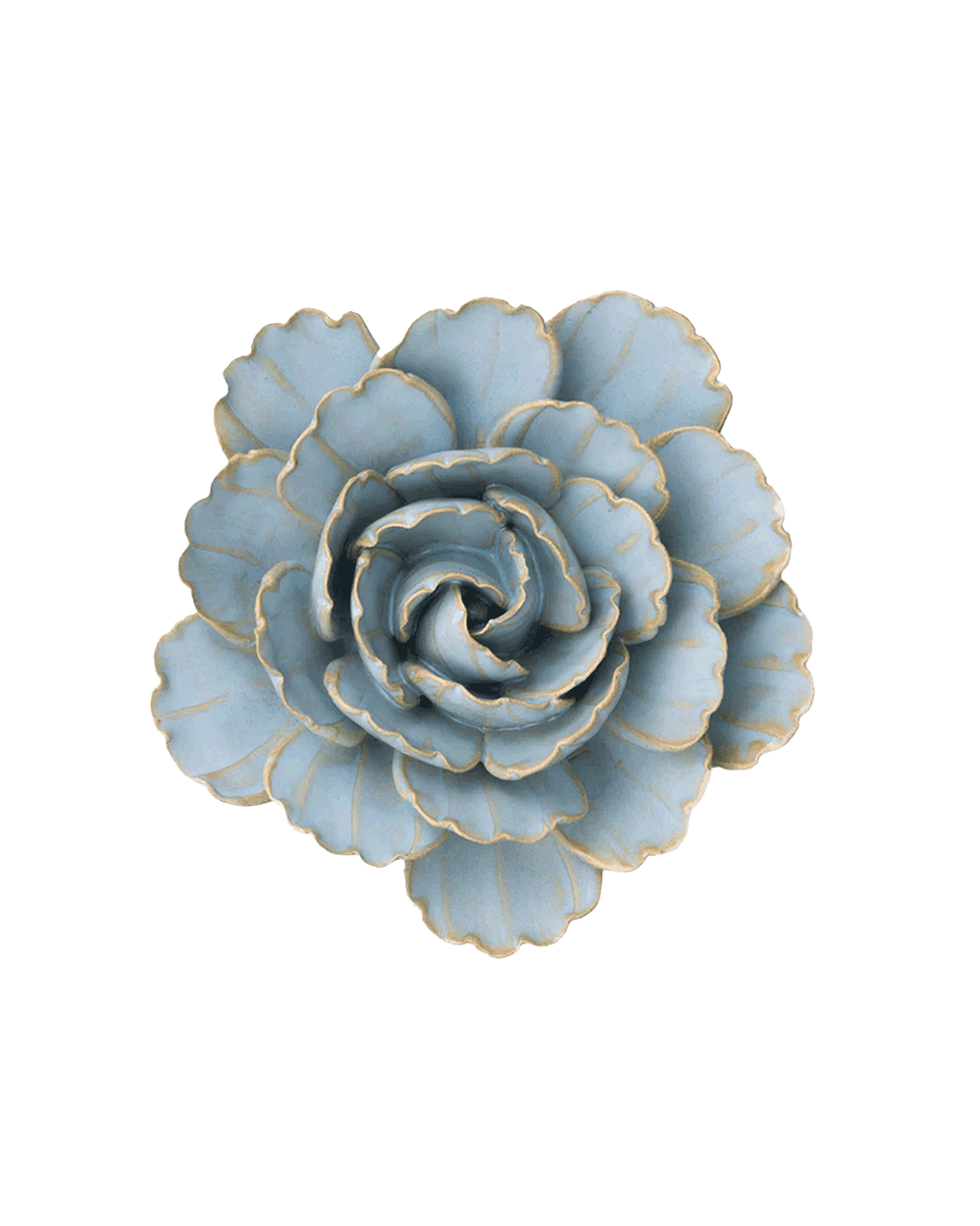 A decorative ceramic succulent flower with layered light blue-gray petals outlined in a metallic gold glaze, shown against a plain white background.