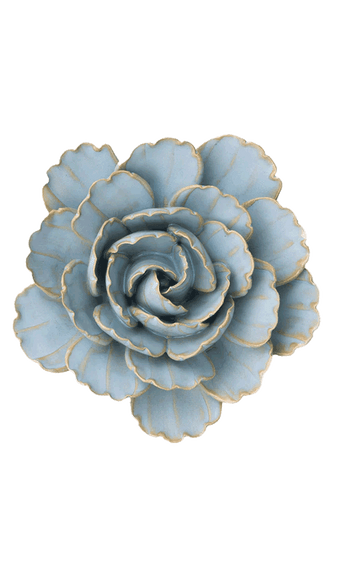 A decorative ceramic succulent flower with layered light blue-gray petals outlined in a metallic gold glaze, shown against a plain white background.