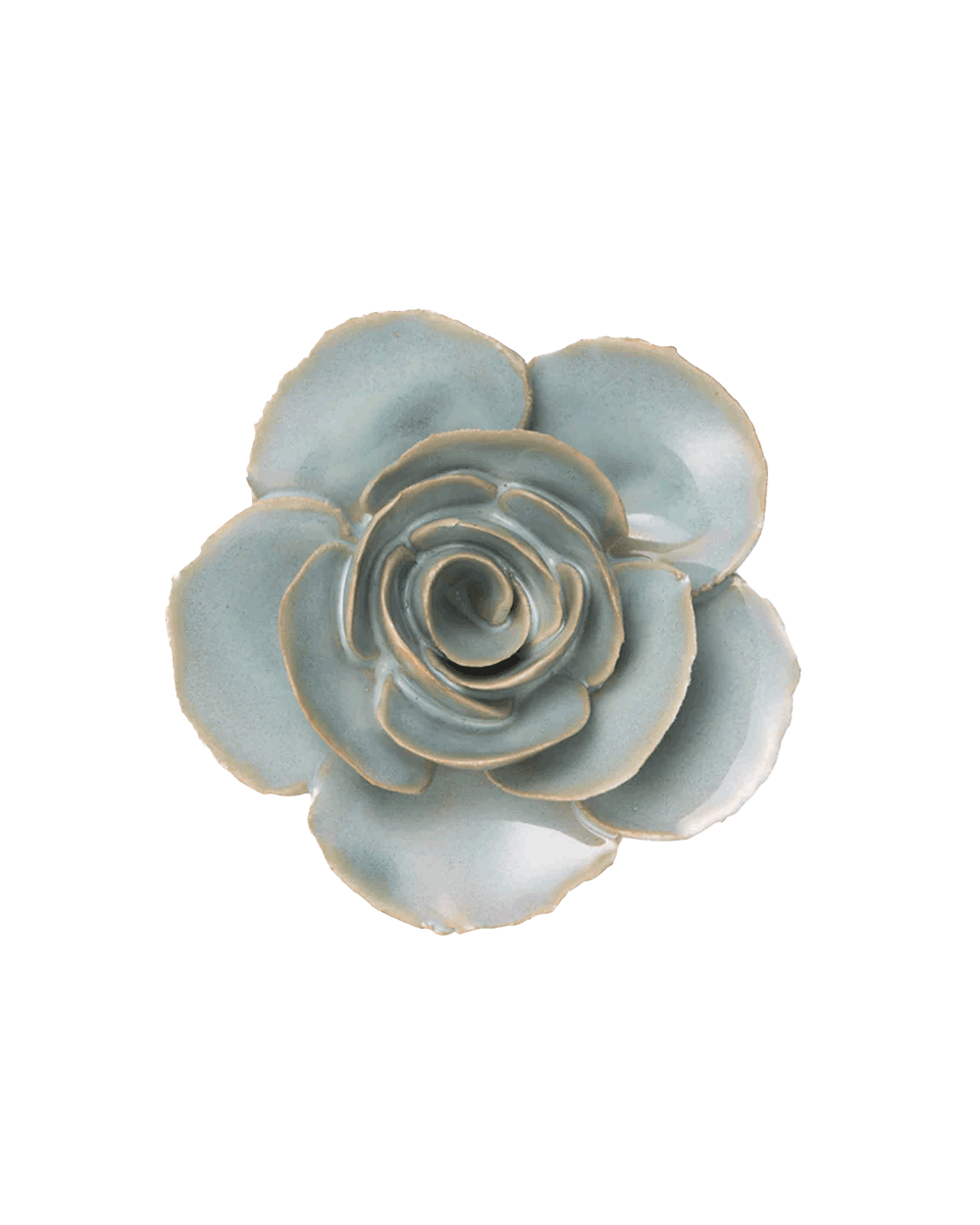 A ceramic succulent-style flower figurine with pale blue-green glazed petals and natural clay edges, photographed from directly above on a plain white background.