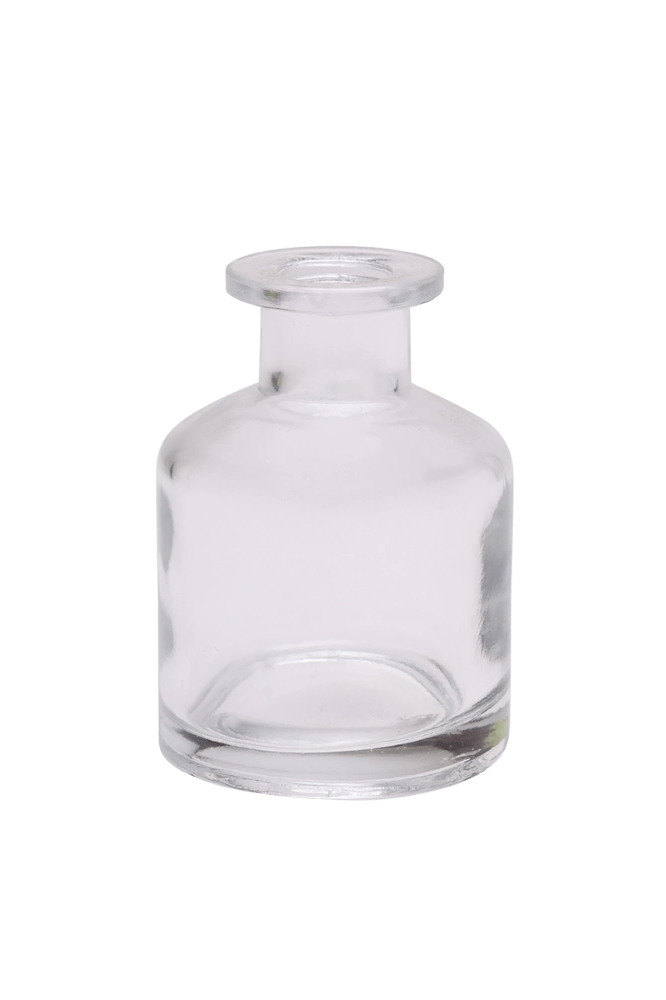 Chive Loft apothecary glass bud vase in clear glass with a tall cylindrical silhouette and wide lip.