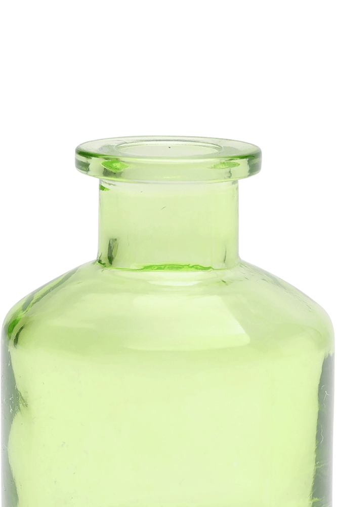Chive Loft apothecary glass bud vase in green, close-up on the wide flared lip.