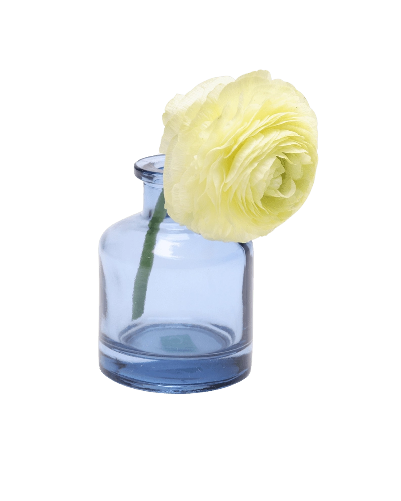 Chive Loft apothecary glass bud vase in medium blue, shown from a side angle with a yellow ranunculus.