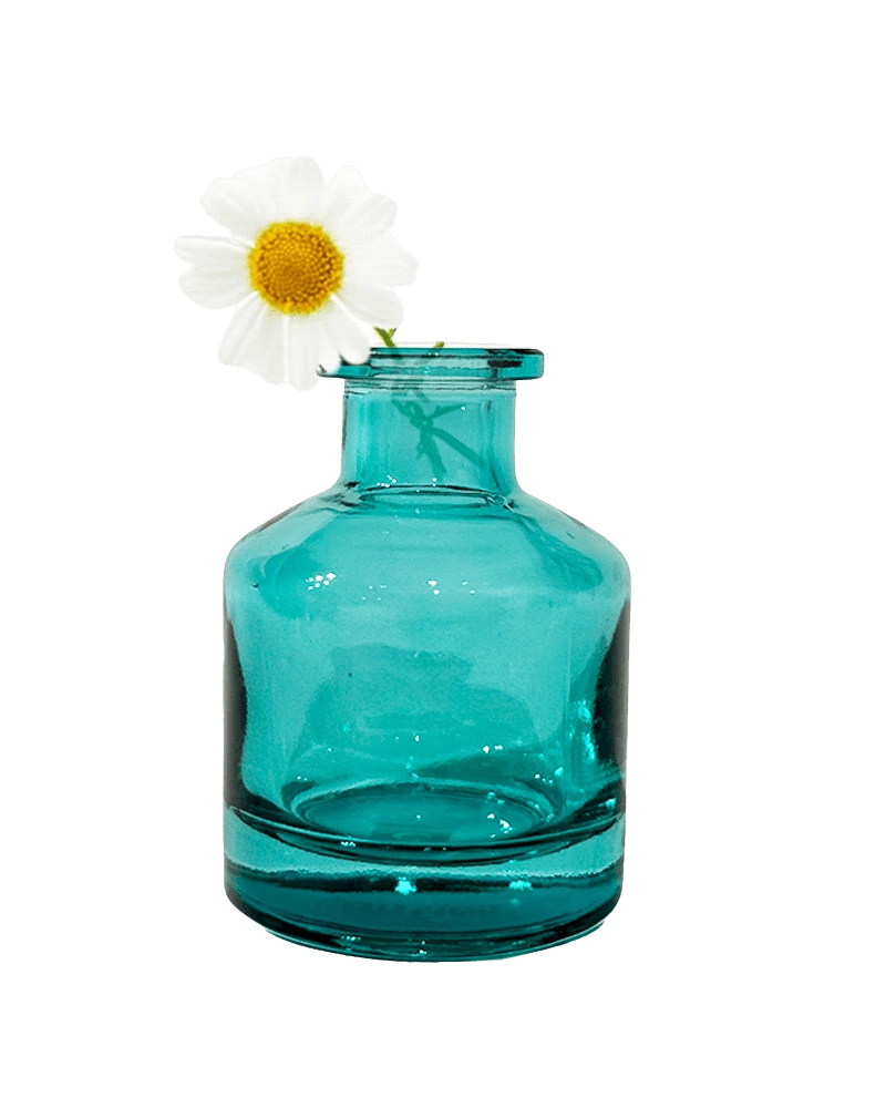 Chive Loft apothecary glass bud vase in teal styled with a single white daisy bloom.