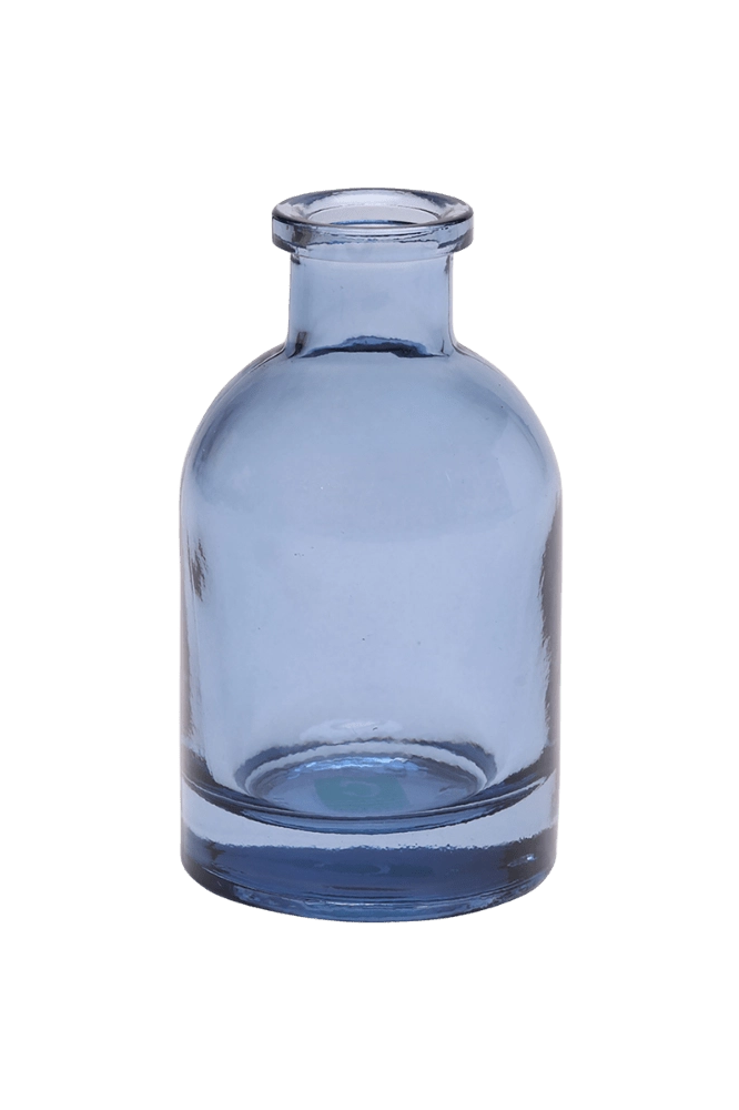Chive Loft glass bud vase in medium blue with a narrow neck and rounded cylindrical body.