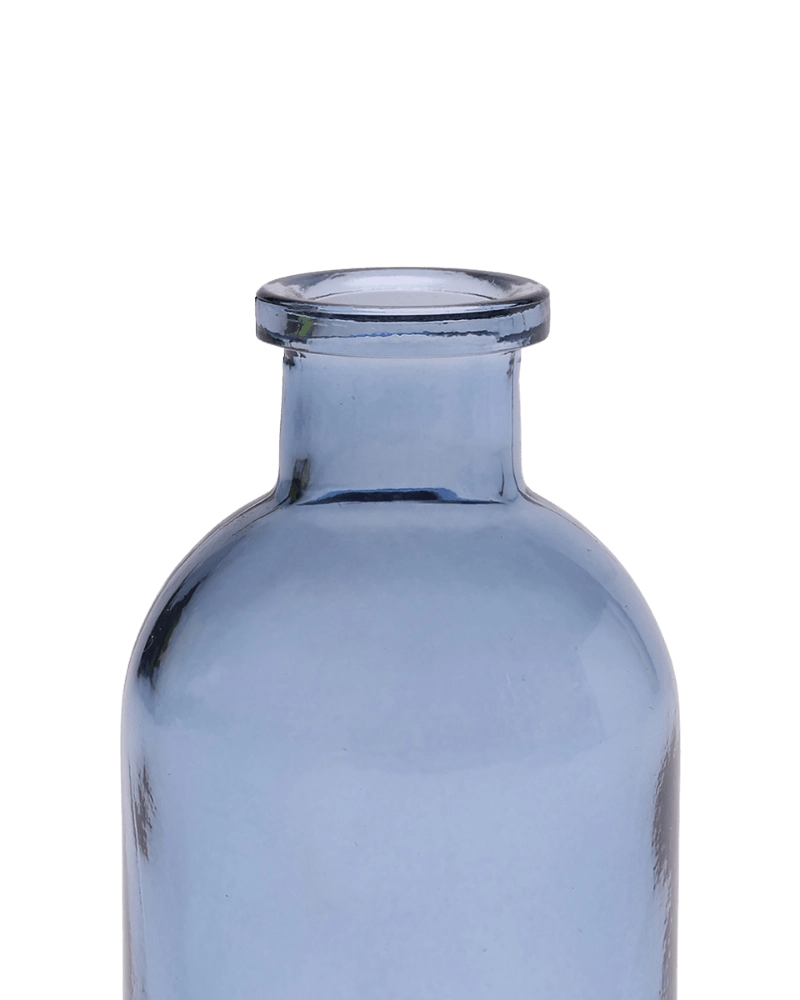 Chive Loft glass bud vase in medium blue, close-up on the narrow ridged neck.