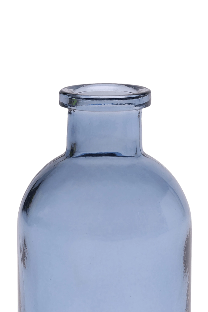 Chive Loft glass bud vase in medium blue, close-up on the narrow ridged neck.