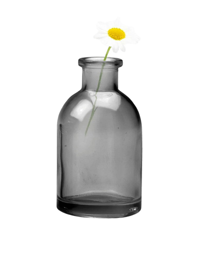 Chive Loft glass bud vase in smoke grey styled with a single white daisy bloom.