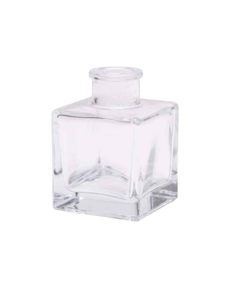 Chive Loft cube glass bud vase in clear glass with a raised collar neck and clean square silhouette.