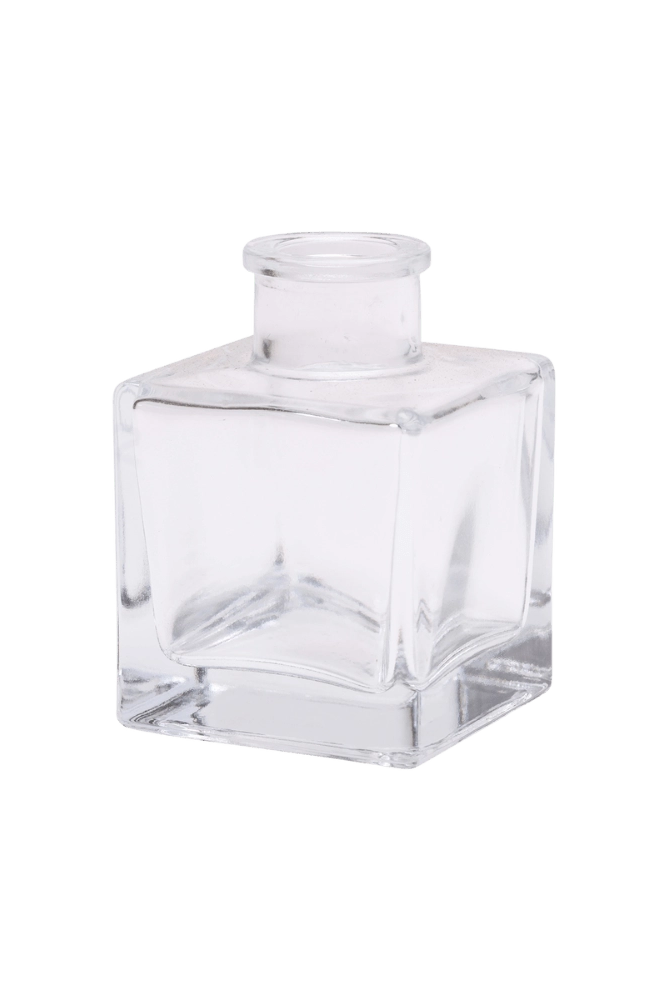 Chive Loft cube glass bud vase in clear glass with a raised collar neck and clean square silhouette.