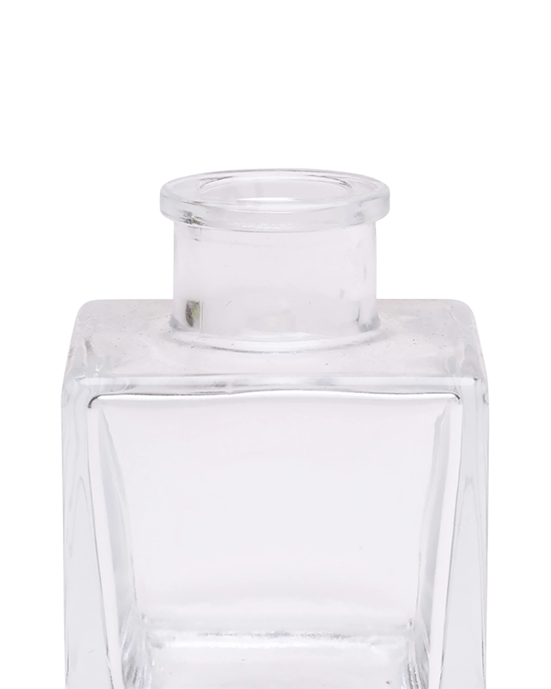 Chive Loft cube glass bud vase in clear glass, close-up on the raised collar neck.