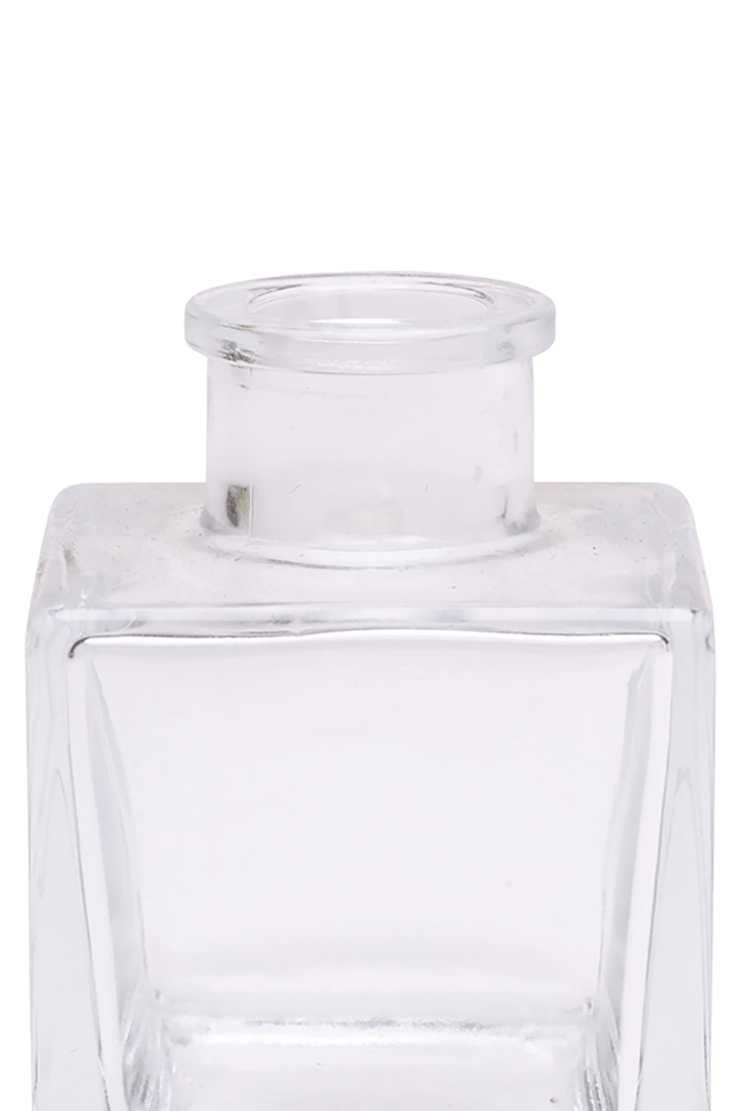 Chive Loft cube glass bud vase in clear glass, close-up on the raised collar neck.
