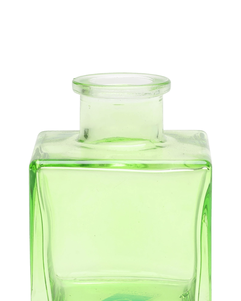 Chive Loft cube glass bud vase in green, close-up on the raised collar neck.
