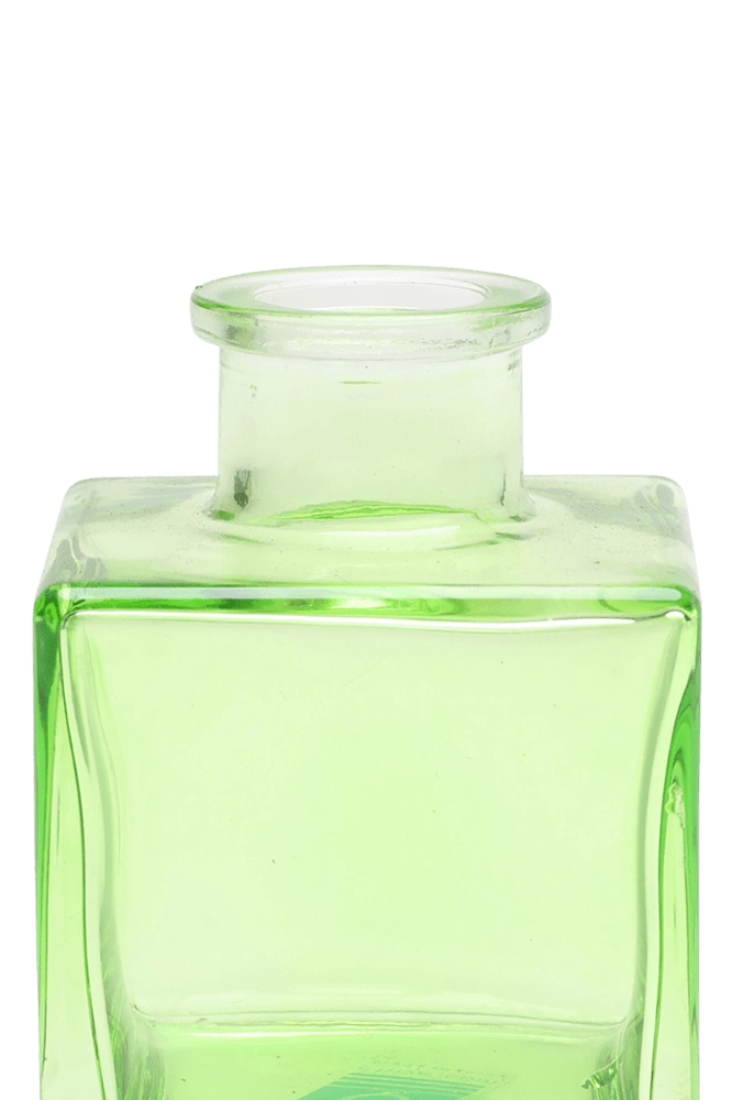 Chive Loft cube glass bud vase in green, close-up on the raised collar neck.