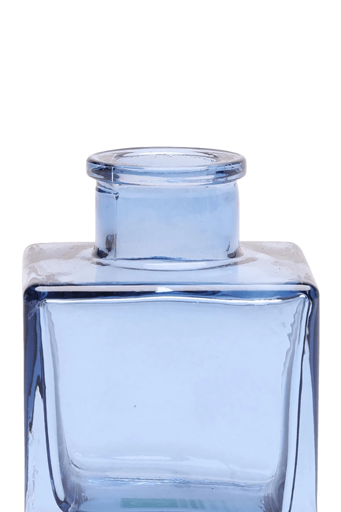 Chive Loft cube glass bud vase in medium blue, close-up on the raised collar neck.