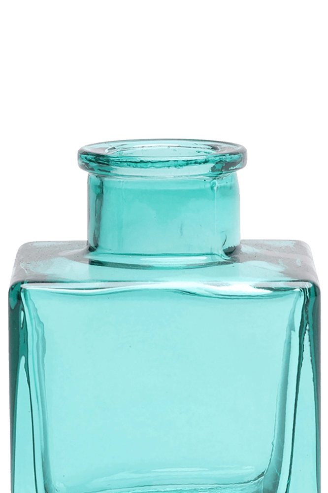 Chive Loft cube glass bud vase in teal, close-up on the raised collar neck.
