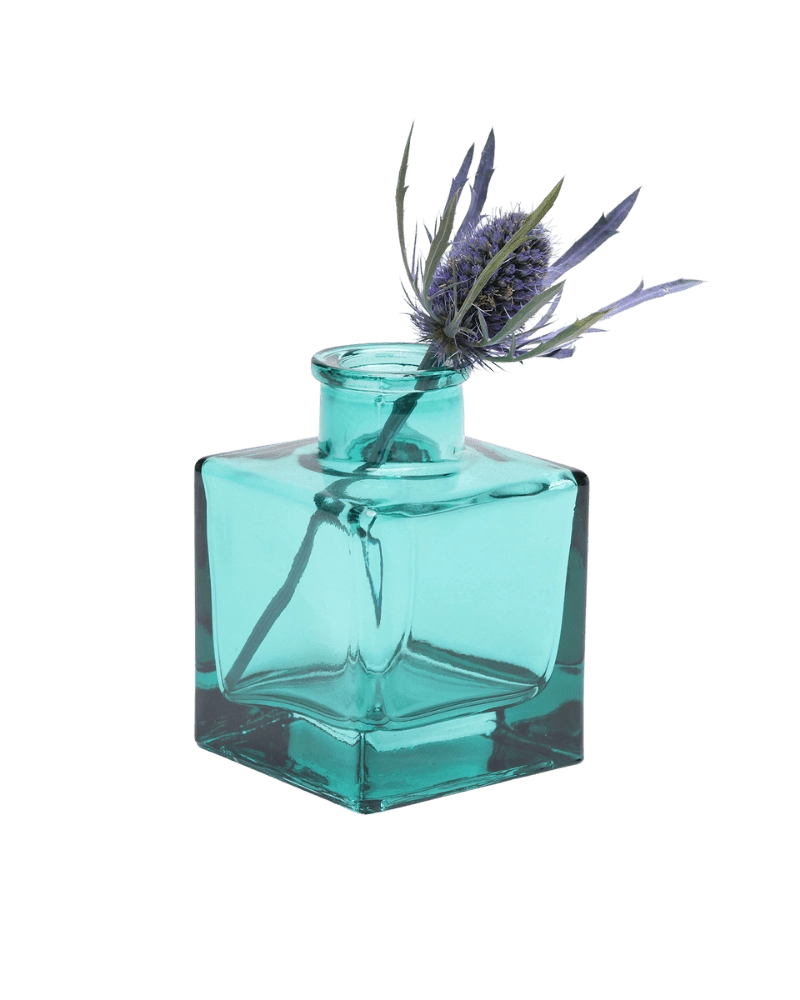 Chive Loft cube glass bud vase in teal styled with a single blue thistle stem.
