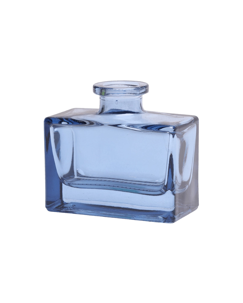 Chive Loft square glass bud vase in blue-grey, shown straight-on with a glossy faceted finish.