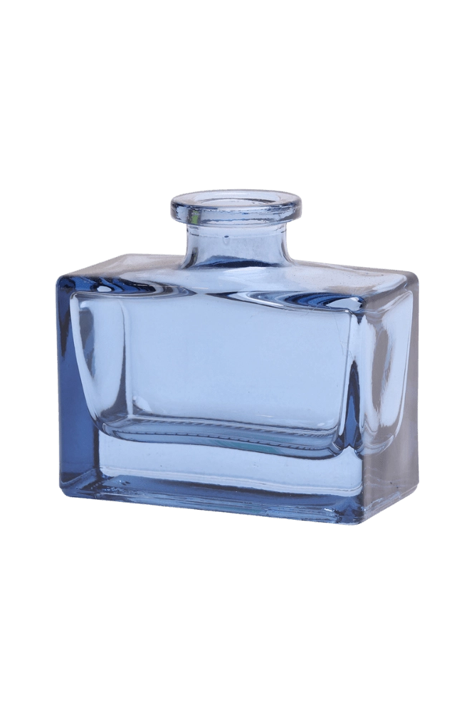 Chive Loft square glass bud vase in blue-grey, shown straight-on with a glossy faceted finish.