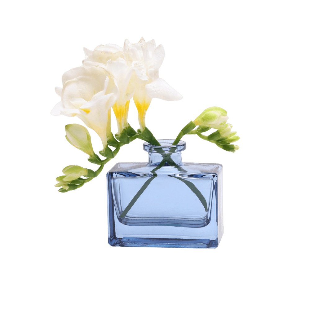 Chive Loft square glass bud vase in blue-grey styled with a stem of white freesia blooms.