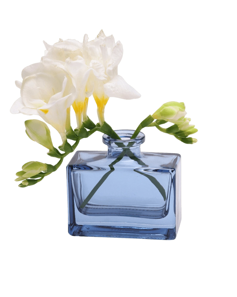 Chive Loft square glass bud vase in blue-grey holding freesia blooms, shown from a side angle.