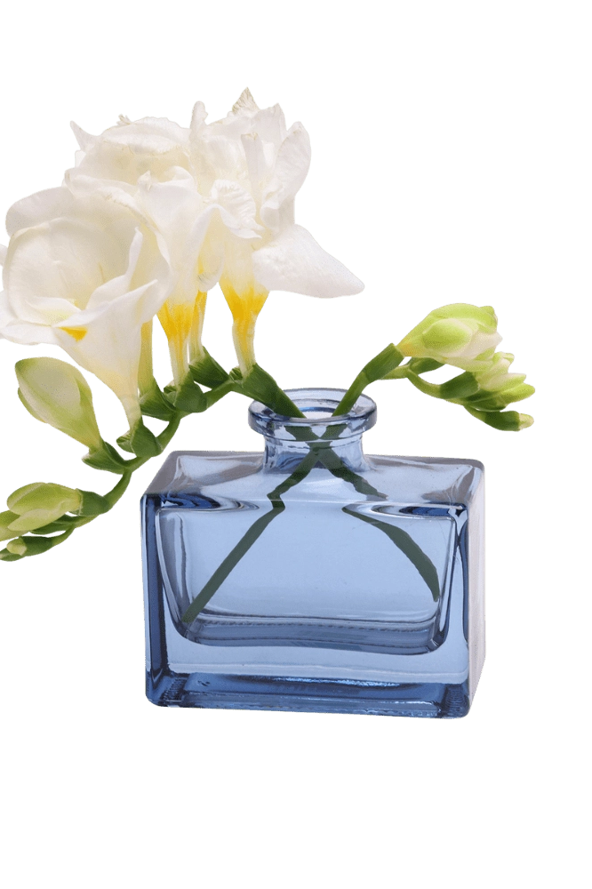 Chive Loft square glass bud vase in blue-grey holding freesia blooms, shown from a side angle.