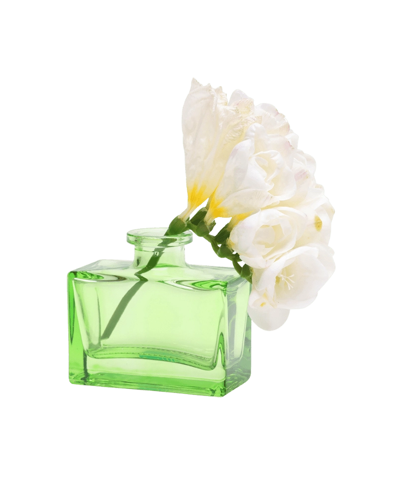 Chive Loft square glass bud vase in green styled with a stem of white freesia blooms.