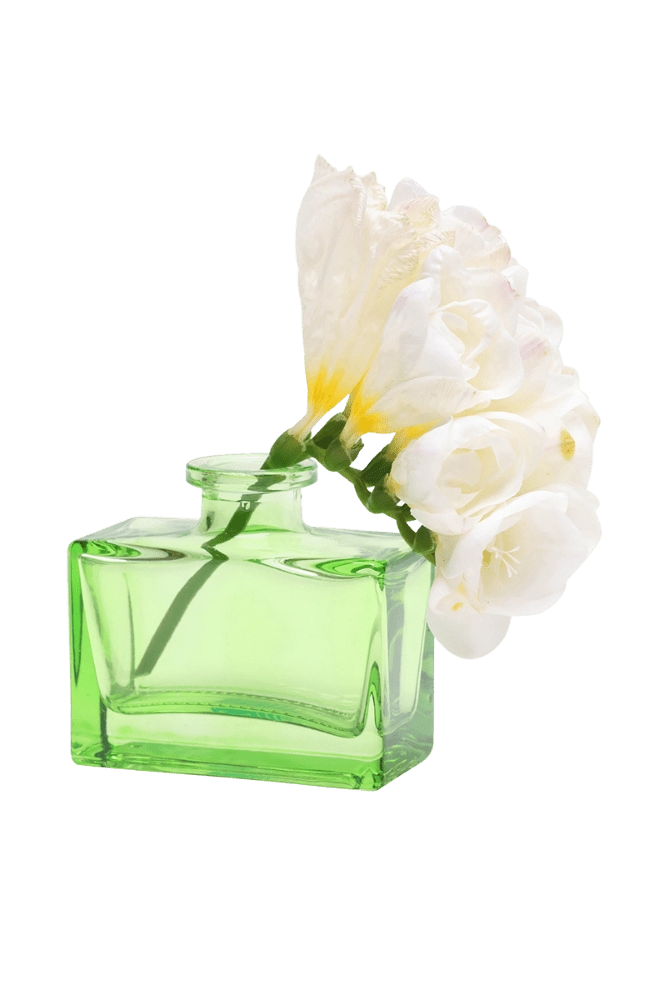 Chive Loft square glass bud vase in green styled with a stem of white freesia blooms.