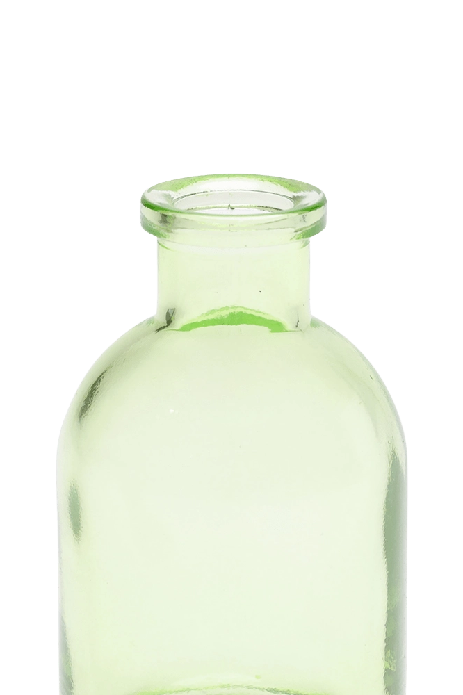 Chive Loft tall glass bud vase in green, close-up on the narrow neck and rim.