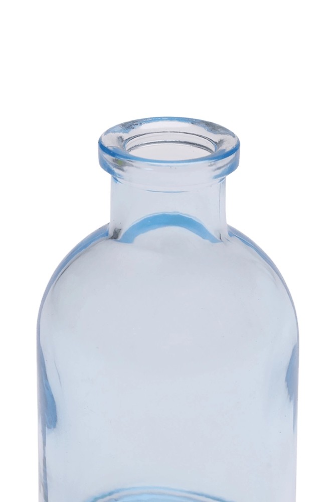 Chive Loft tall glass bud vase in light blue, close-up on the narrow neck and rim.