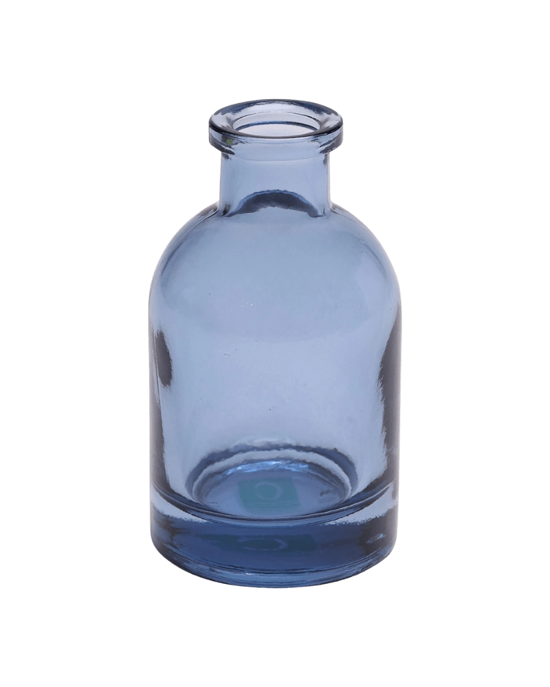 Chive Loft tall glass bud vase in medium blue with a slender neck and rounded shoulder.