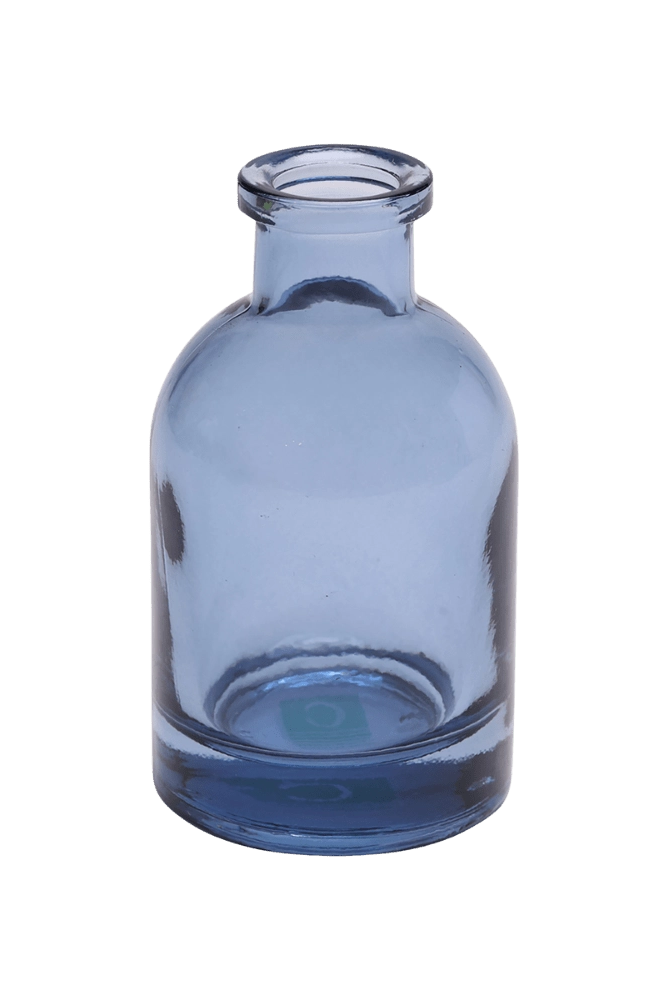Chive Loft tall glass bud vase in medium blue with a slender neck and rounded shoulder.