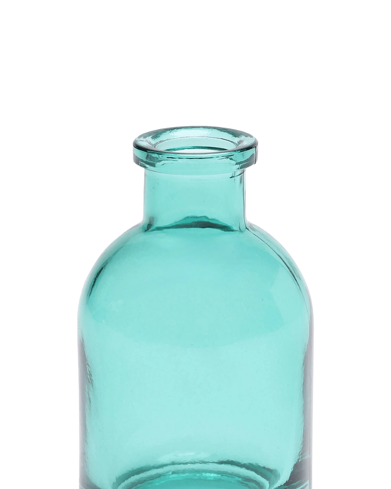 Chive Loft tall glass bud vase in teal, close-up on the narrow neck and rim.