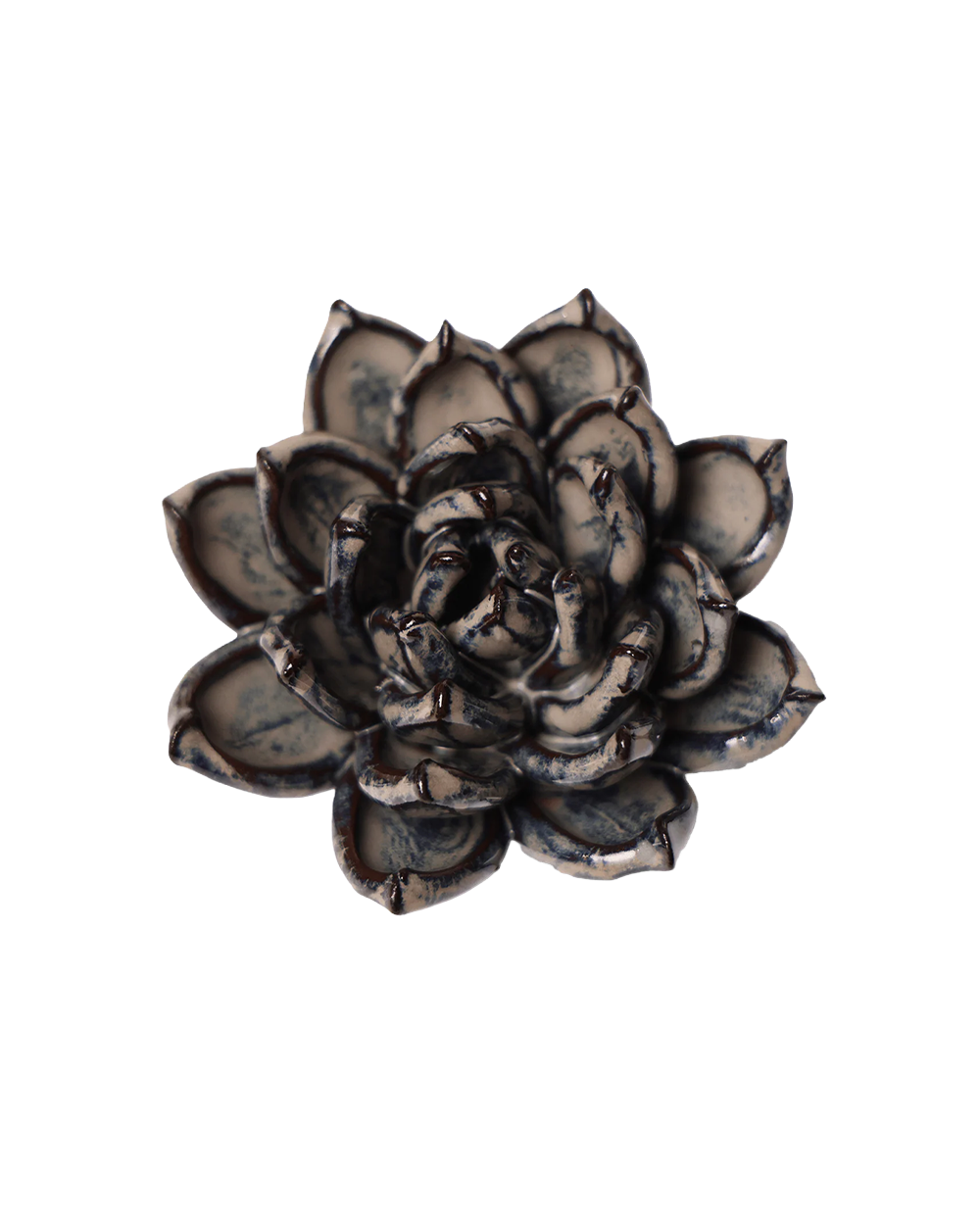 A ceramic succulent flower figurine with textured, layered petals in a dark charcoal gray and glossy glaze, isolated on a white background.