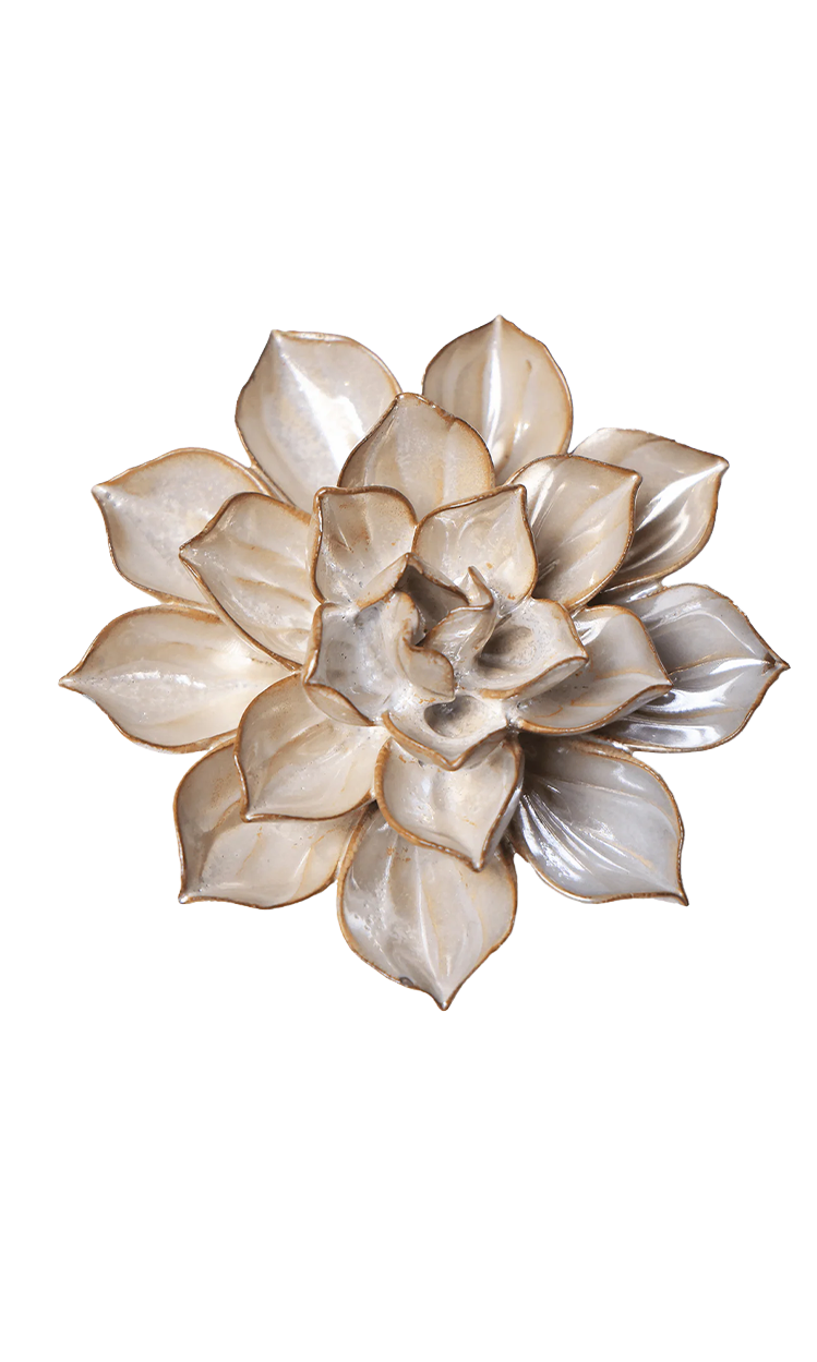 A metallic floral wall sculpture shaped like a lotus or succulent flower, featuring layered petals in champagne, gold, and silver tones, isolated on a white background.