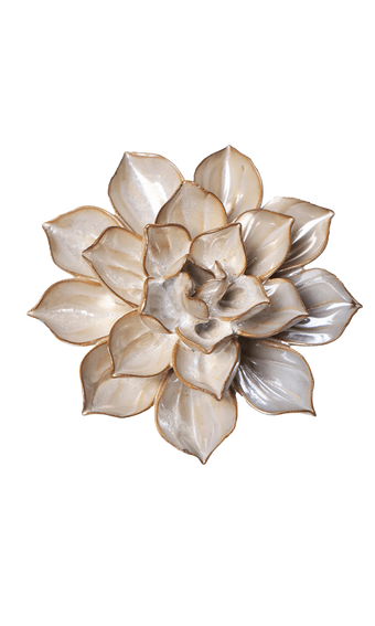 A metallic floral wall sculpture shaped like a lotus or succulent flower, featuring layered petals in champagne, gold, and silver tones, isolated on a white background.