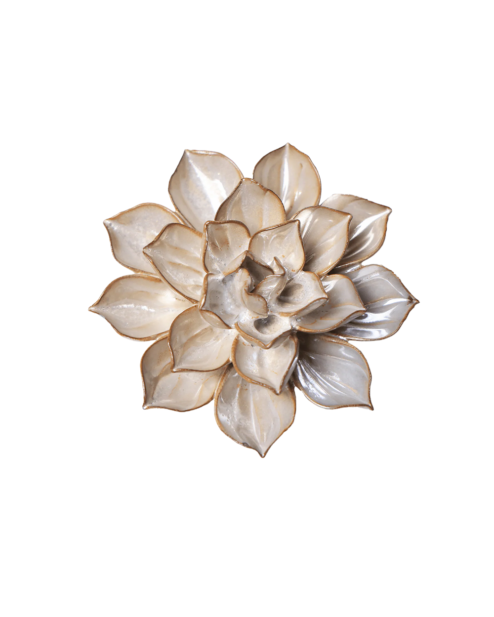 A metallic floral wall sculpture shaped like a lotus or succulent flower, featuring layered petals in champagne, gold, and silver tones, isolated on a white background.