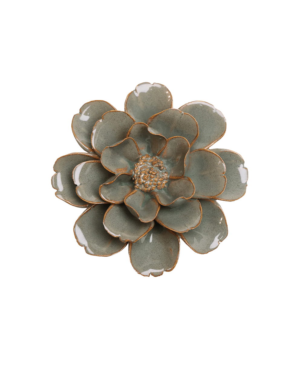 A ceramic succulent flower figurine with layered green-gray petals and a warm brown rim, shown on a plain white background.