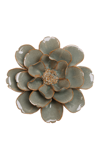 A ceramic succulent flower figurine with layered green-gray petals and a warm brown rim, shown on a plain white background.