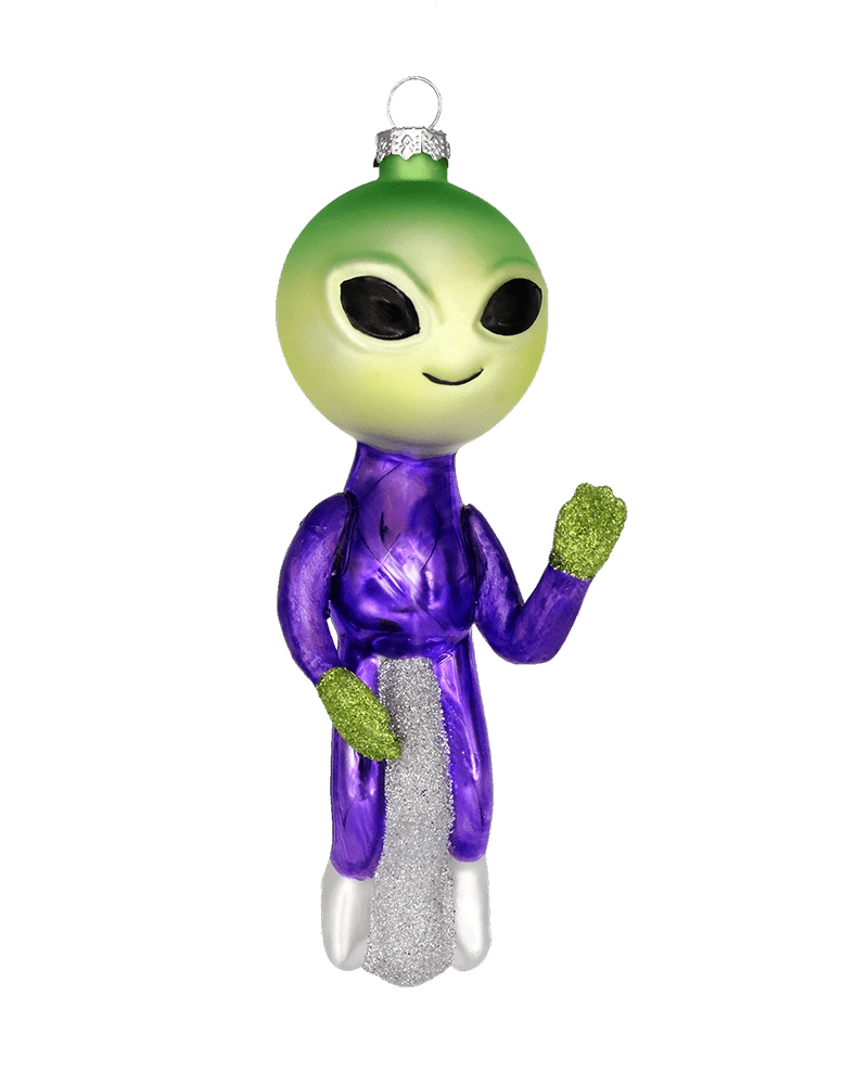 Chive glass alien ornament shown straight-on with a waving glittered hand.